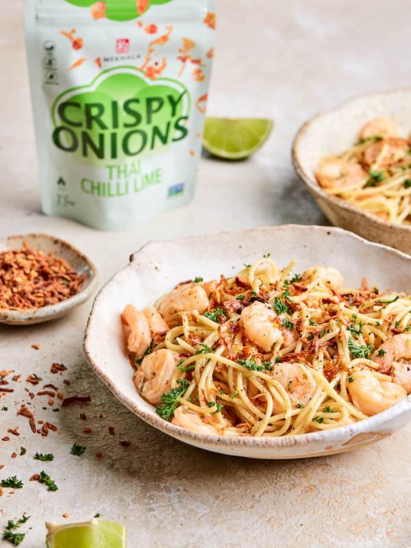 White Wine Prawn Pasta with Crispy Onions